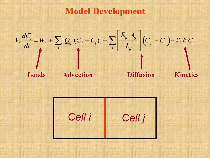 Model Development Loads Advection Cell i Diffusion Cell j Kinetics 
