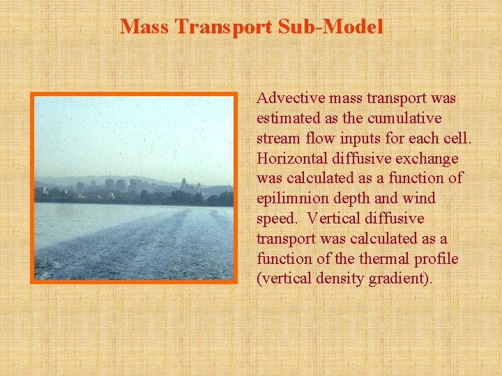 Mass Transport Sub-Model Advective mass transport was estimated as the cumulative stream flow inputs
