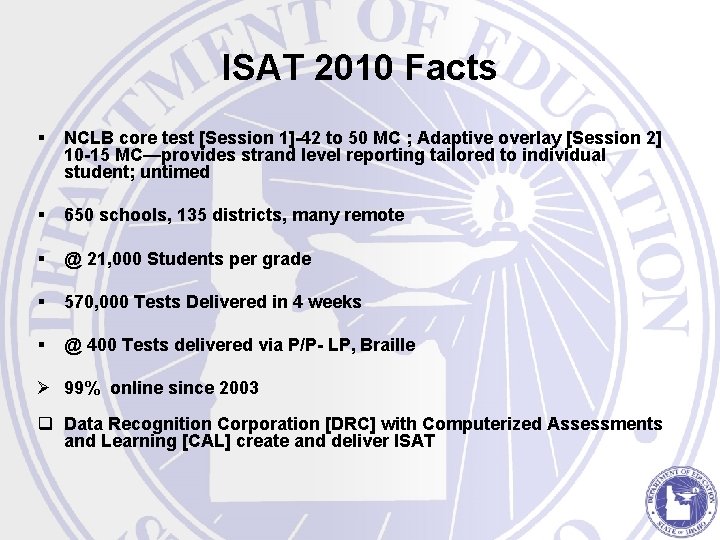 ISAT 2010 Facts § NCLB core test [Session 1]-42 to 50 MC ; Adaptive