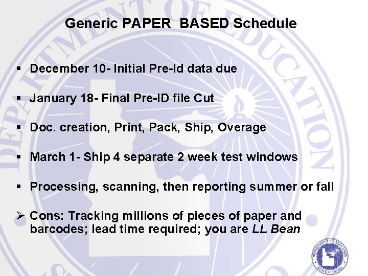 Generic PAPER BASED Schedule § December 10 - Initial Pre-Id data due § January