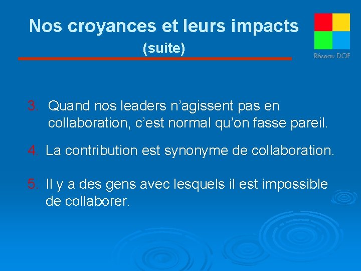 Nos croyances et leurs impacts (suite) 3. Quand nos leaders n’agissent pas en collaboration,