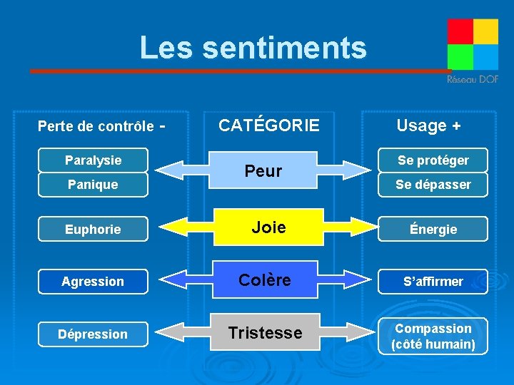 Les sentiments Perte de contrôle Paralysie Panique Euphorie - CATÉGORIE Peur Joie Usage +