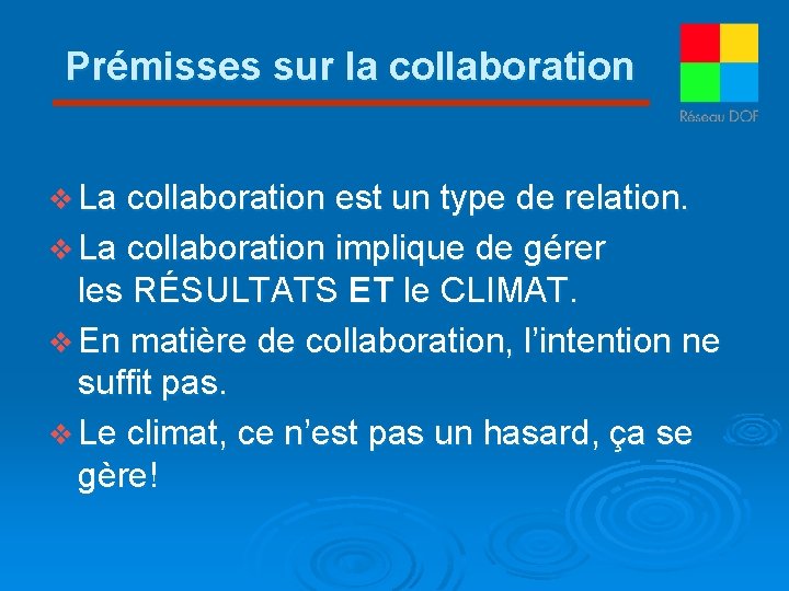 Prémisses sur la collaboration v La collaboration est un type de relation. v La