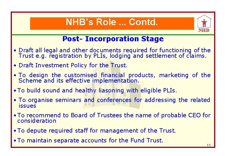 NHB’s Role. . . Contd. NHB Post- Incorporation Stage • Draft all legal and