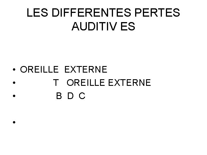 LES DIFFERENTES PERTES AUDITIV ES • OREILLE EXTERNE • T OREILLE EXTERNE • B