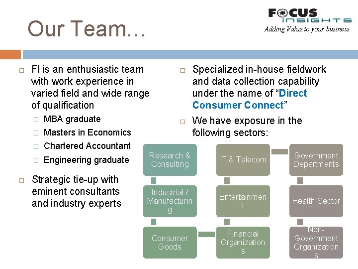 Our Team… Adding Value to your business FI is an enthusiastic team with work