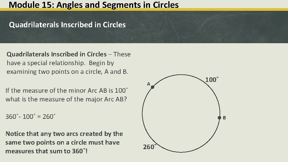 Module 15: Angles and Segments in Circles Quadrilaterals Inscribed in Circles – These have