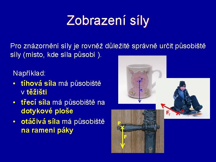 Zobrazení síly Pro znázornění síly je rovněž důležité správně určit působiště síly (místo, kde