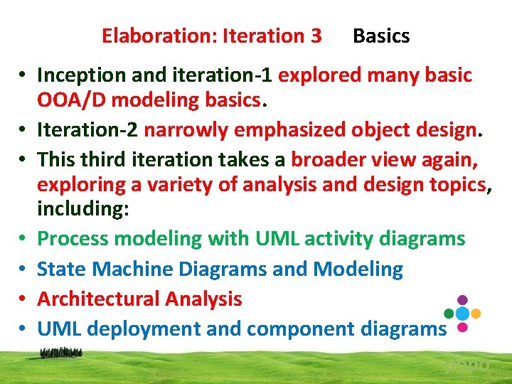 Elaboration: Iteration 3 Basics • Inception and iteration-1 explored many basic OOA/D modeling basics. Elaboration: Iteration 3 Basics • Inception and iteration-1 explored many basic OOA/D modeling basics.