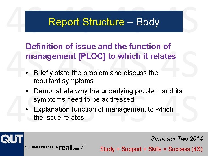 Report Structure – Body Definition of issue and the function of management [PLOC] to