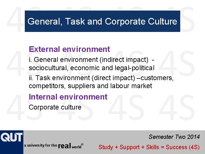General, Task and Corporate Culture External environment i. General environment (indirect impact) sociocultural, economic