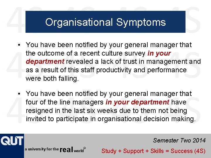 Organisational Symptoms • You have been notified by your general manager that the outcome