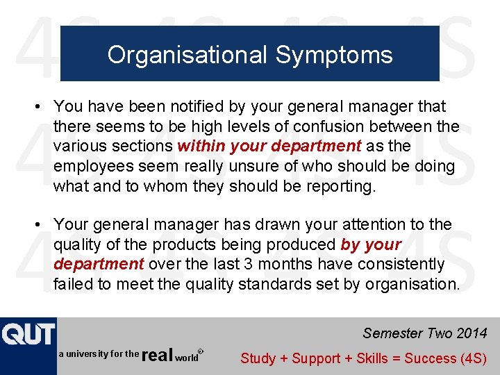 Organisational Symptoms • You have been notified by your general manager that there seems