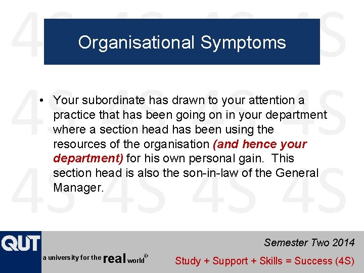 Organisational Symptoms • Your subordinate has drawn to your attention a practice that has