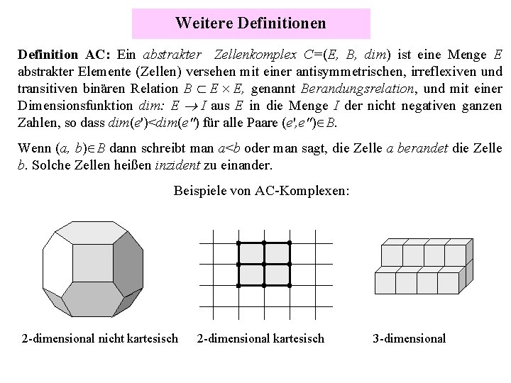 Weitere Definitionen Definition AC: Ein abstrakter Zellenkomplex C=(E, B, dim) ist eine Menge E