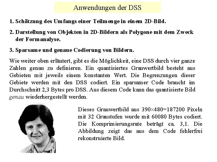 Anwendungen der DSS 1. Schätzung des Umfangs einer Teilmenge in einem 2 D-Bild. 2.