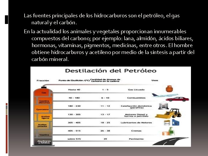 Las fuentes principales de los hidrocarburos son el petróleo, el gas natural y el