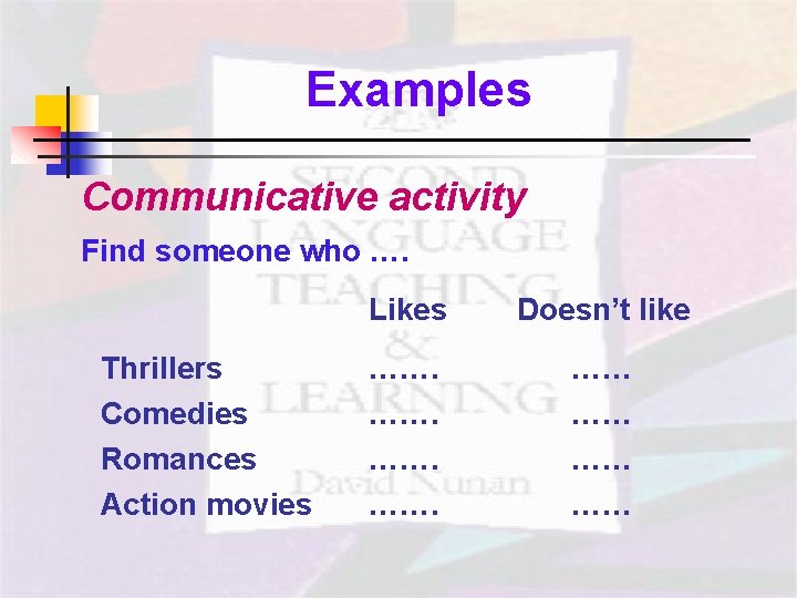 Examples Communicative activity Find someone who …. Thrillers Comedies Romances Action movies Likes Doesn’t