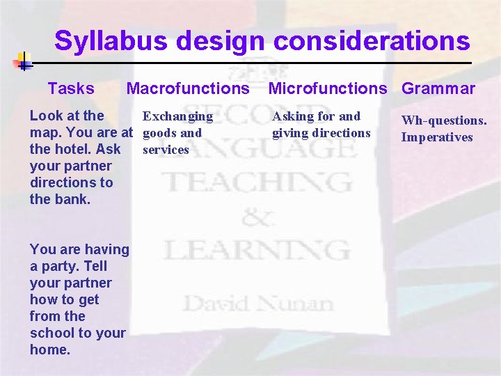 Syllabus design considerations Tasks Macrofunctions Exchanging Look at the map. You are at goods