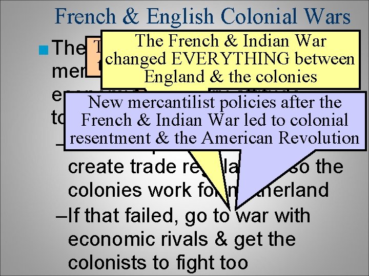 French & English Colonial Wars The French & Indian War These regulations began with French & English Colonial Wars The French & Indian War These regulations began with