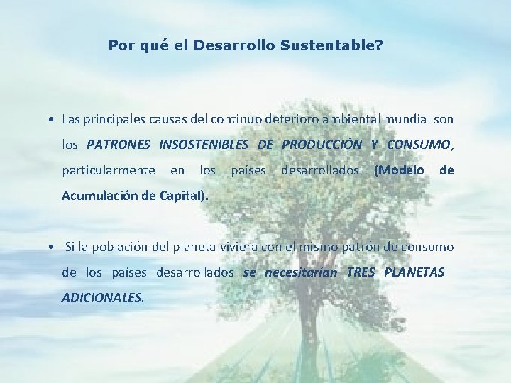 Por qué el Desarrollo Sustentable? • Las principales causas del continuo deterioro ambiental mundial