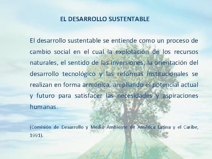 EL DESARROLLO SUSTENTABLE El desarrollo sustentable se entiende como un proceso de cambio social