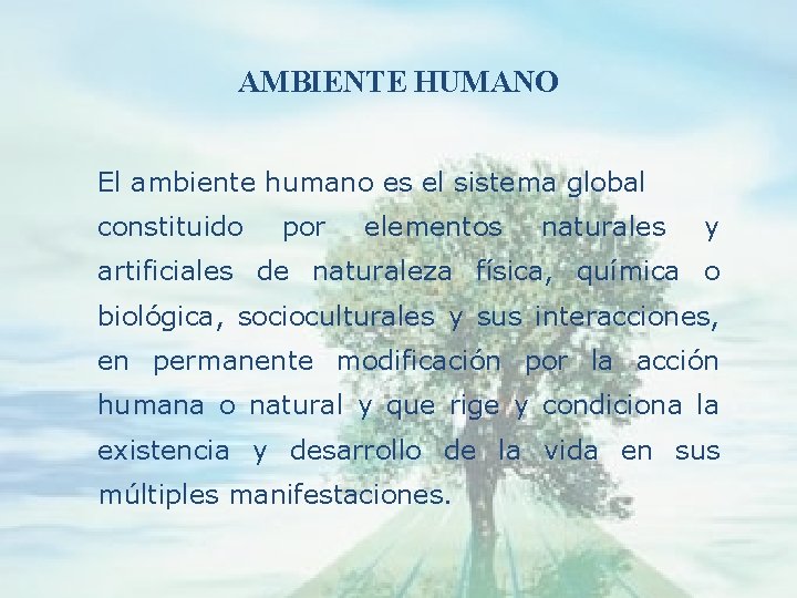 AMBIENTE HUMANO El ambiente humano es el sistema global constituido por elementos naturales y