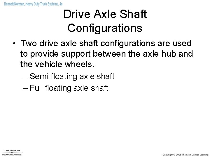 Drive Axle Shaft Configurations • Two drive axle shaft configurations are used to provide