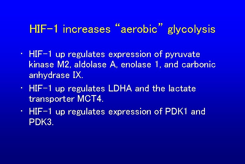 HIF-1 increases “aerobic” glycolysis • HIF-1 up regulates expression of pyruvate kinase M 2,