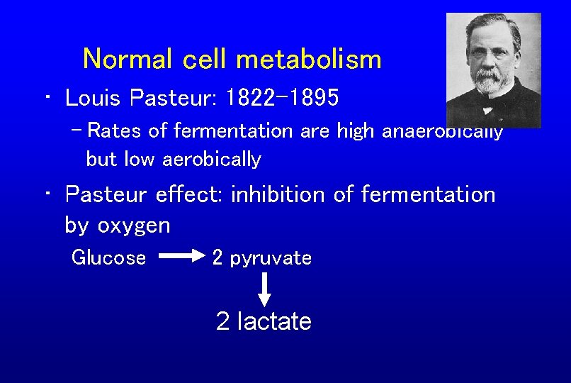 Normal cell metabolism • Louis Pasteur: 1822 -1895 – Rates of fermentation are high