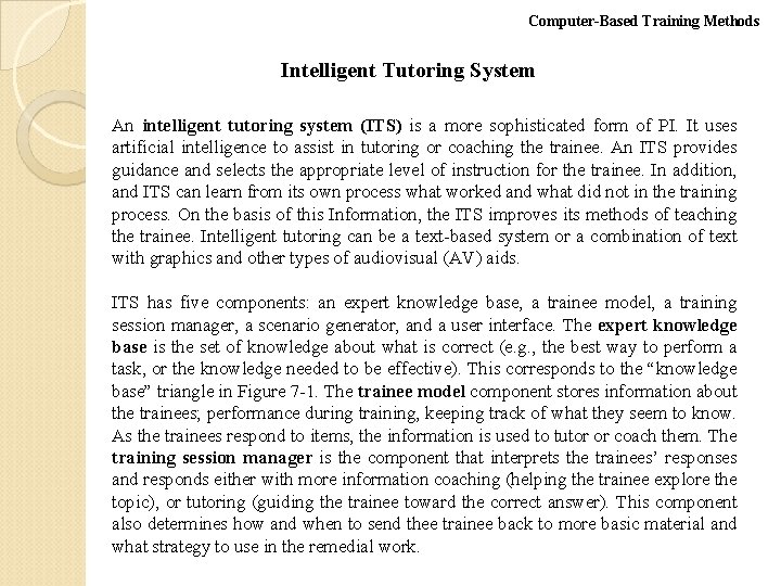 Computer-Based Training Methods Intelligent Tutoring System An intelligent tutoring system (ITS) is a more