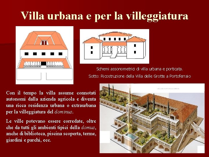 Villa urbana e per la villeggiatura Schemi assonometrici di villa urbana e porticata. Sotto: