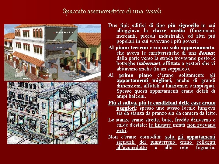 Spaccato assonometrico di una insula Due tipi: edifici di tipo più signorile in cui