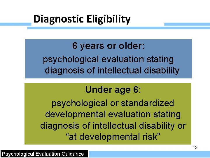 Diagnostic Eligibility 6 years or older: psychological evaluation stating diagnosis of intellectual disability Under
