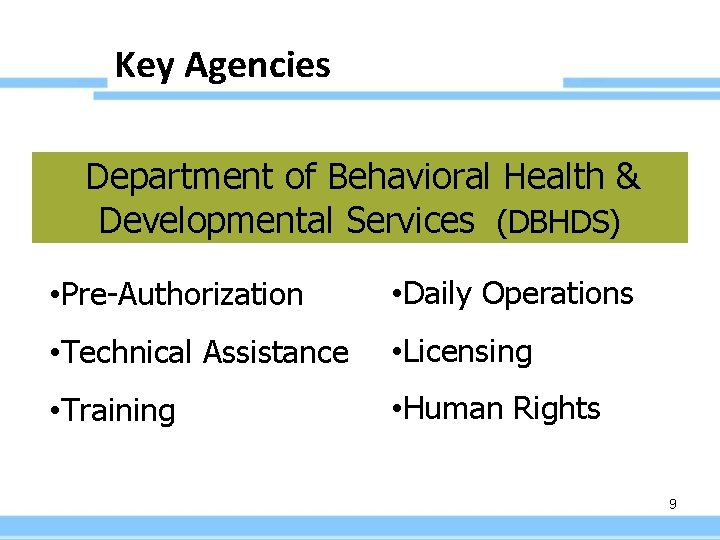 Key Agencies Department of Behavioral Health & Developmental Services (DBHDS) • Pre-Authorization • Daily
