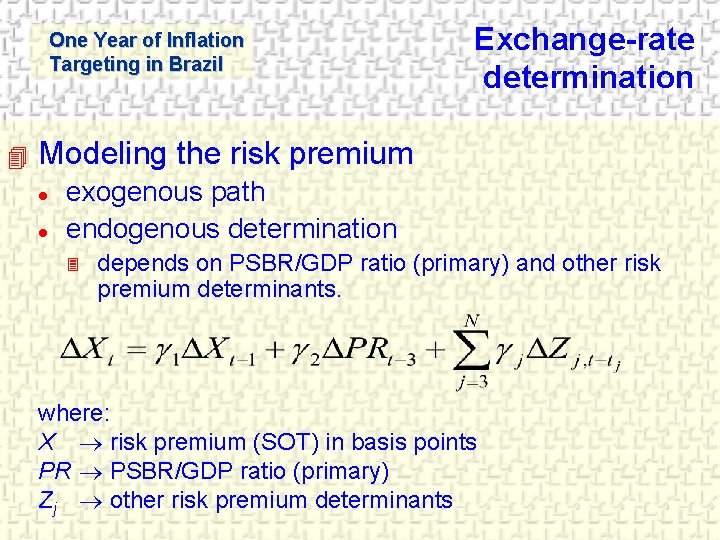 One Year of Inflation Targeting in Brazil 4 Exchange-rate determination Modeling the risk premium