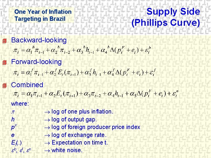 One Year of Inflation Targeting in Brazil 4 Backward-looking 4 Forward-looking 4 Combined Supply