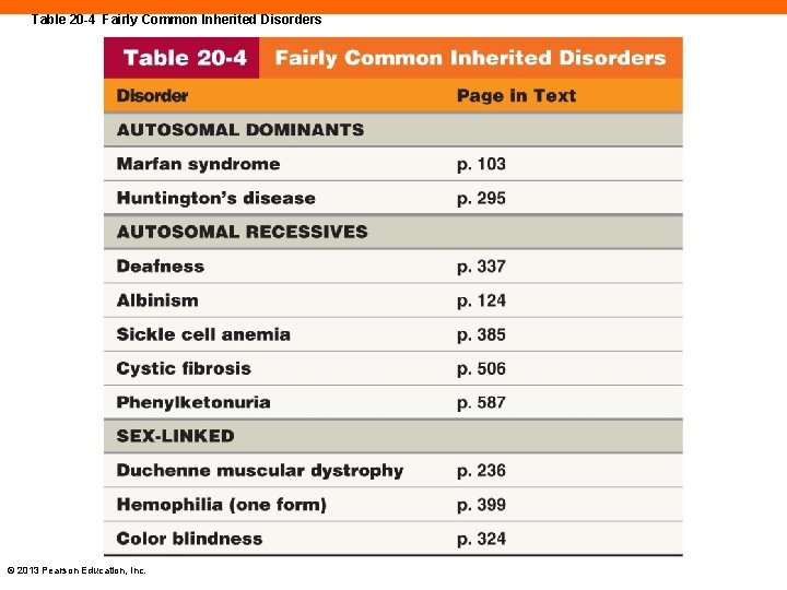 Table 20 -4 Fairly Common Inherited Disorders © 2013 Pearson Education, Inc. 