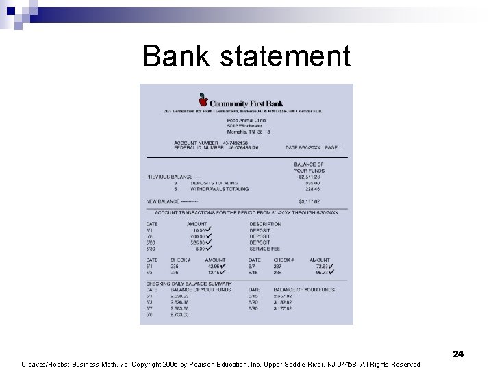 Bank statement 24 Cleaves/Hobbs: Business Math, 7 e Copyright 2005 by Pearson Education, Inc.
