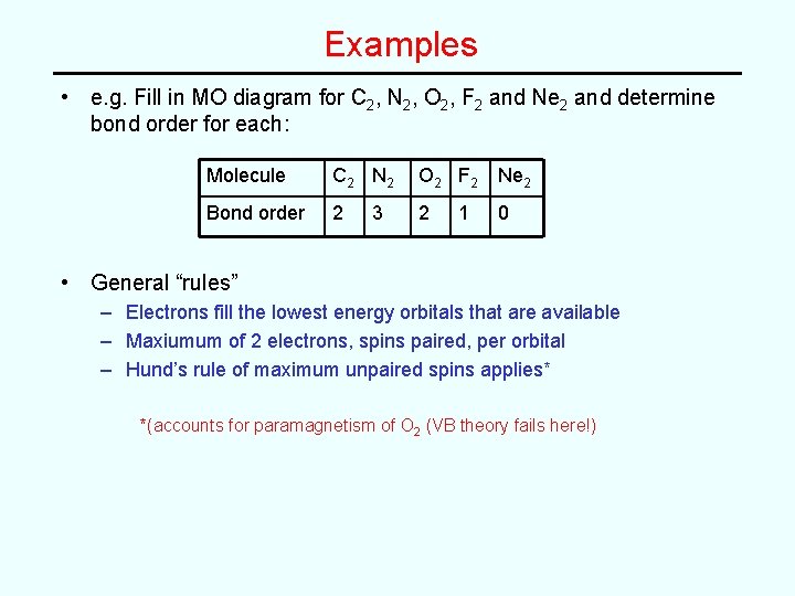 Examples • e. g. Fill in MO diagram for C 2, N 2, O