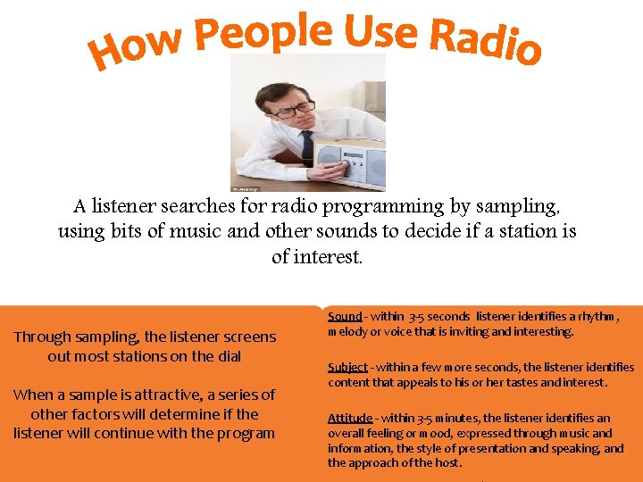 Company Name Here A listener searches for radio programming by sampling, using bits of