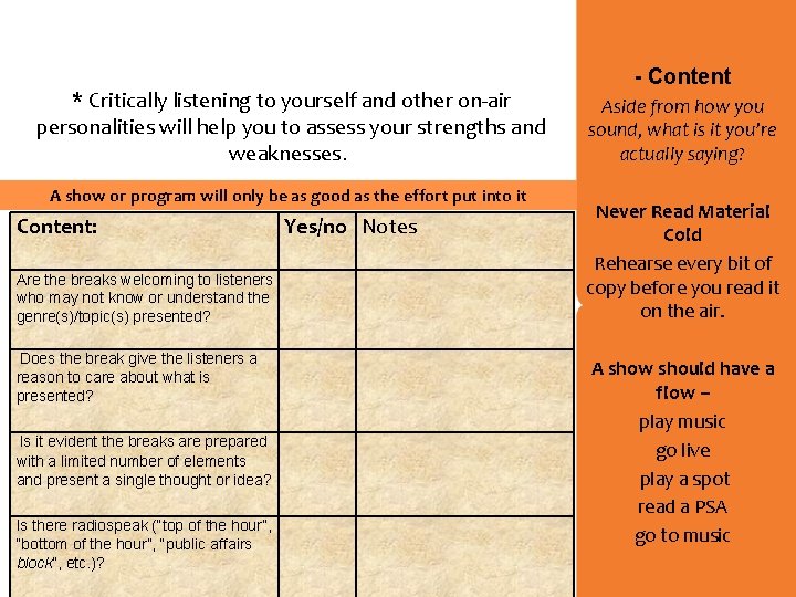 * Critically listening to yourself and other on-air personalities will help you to assess
