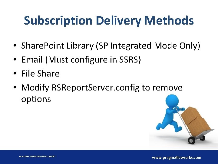Subscription Delivery Methods • • Share. Point Library (SP Integrated Mode Only) Email (Must