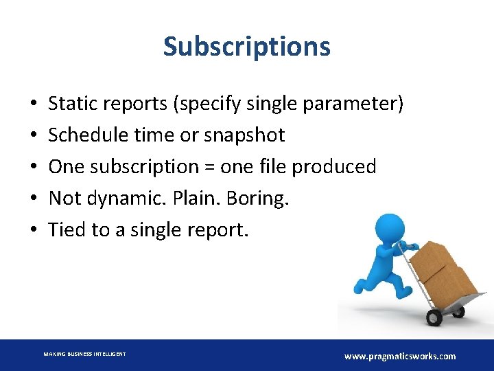 Subscriptions • • • Static reports (specify single parameter) Schedule time or snapshot One