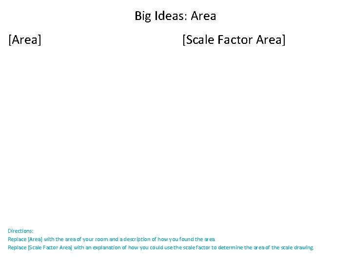 Big Ideas: Area [Area] [Scale Factor Area] Directions: Replace [Area] with the area of