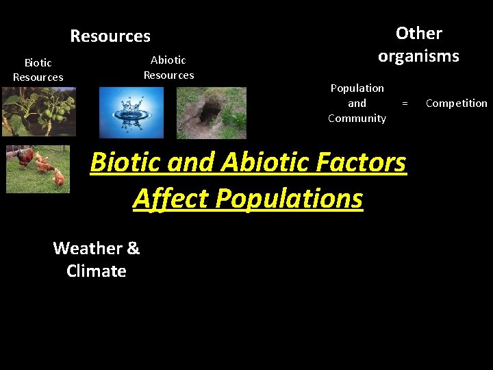Other organisms Resources Abiotic Resources Biotic Resources Population and Community = Biotic and Abiotic