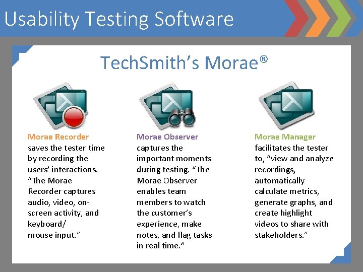 Usability Testing Software Tech. Smith’s Morae® Morae Recorder saves the tester time by recording