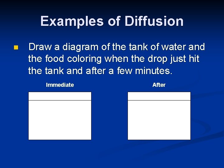 Examples of Diffusion n Draw a diagram of the tank of water and the