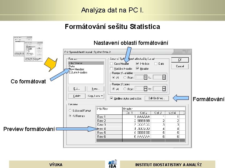 Analýza dat na PC I. Formátování sešitu Statistica Nastavení oblasti formátování Co formátovat Formátování Analýza dat na PC I. Formátování sešitu Statistica Nastavení oblasti formátování Co formátovat Formátování
