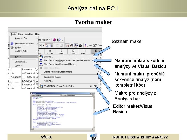 Analýza dat na PC I. Tvorba maker Seznam maker Nahrání makra s kódem analýzy Analýza dat na PC I. Tvorba maker Seznam maker Nahrání makra s kódem analýzy
